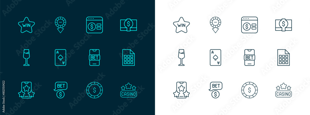 Set line Stacks paper money cash, Casino chip with dollar, Online sports betting, Playing card spades symbol, poker table game, win and chips icon. Vector Set line Stacks paper money cash, Casino chip with dollar, Online sports betting, Playing card spades symbol, poker table game, win and chips icon. Vector