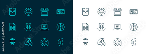 Set line Slot machine with jackpot, American football betting money, Online sports, Casino chips, Calendar, Lottery ticket and icon. Vector