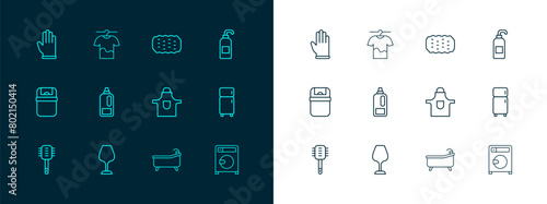 Set line Antibacterial soap, Wine glass, Kitchen apron, Bathtub, Bottle for detergent, Sponge, Rubber gloves and Drying clothes icon. Vector