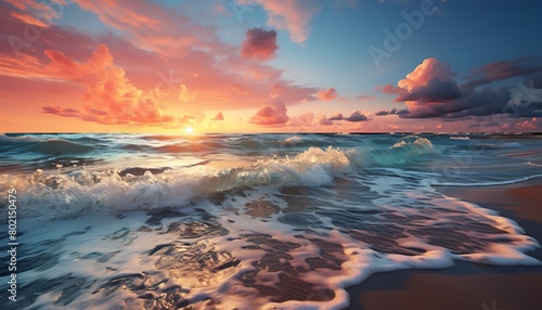 Elegant stock image of a tranquil beach scene at sunset with soft pastel colors, evoking feelings of calmness and beauty in nature