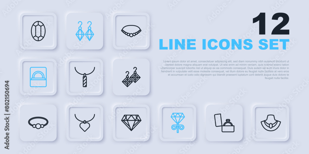 Set line Diamond engagement ring in box, Necklace mannequin, Pendant necklace, Stud earrings, with heart shaped, Earrings and icon. Vector Set line Diamond engagement ring in box, Necklace mannequin, Pendant necklace, Stud earrings, with heart shaped, Earrings and icon. Vector