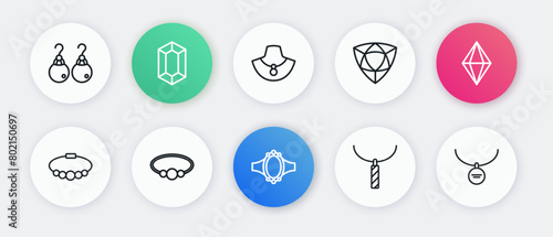 Set line Diamond engagement ring, Gem stone, Bracelet jewelry, Pendant necklace, Necklace mannequin, Locket and icon. Vector