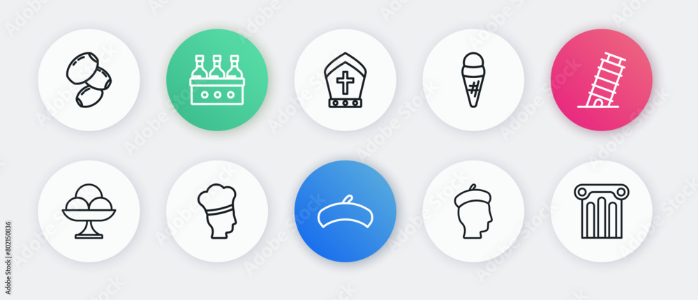 Set line French beret, Leaning tower in Pisa, Ice cream the bowl, man, waffle, Pope hat, Ancient column and Italian cook icon. Vector Set line French beret, Leaning tower in Pisa, Ice cream the bowl, man, waffle, Pope hat, Ancient column and Italian cook icon. Vector
