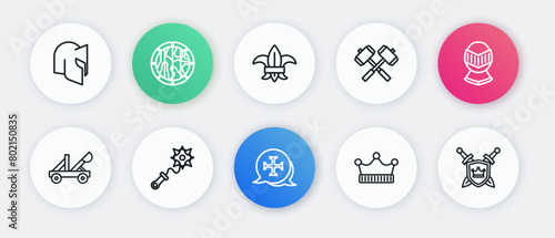 Set line Crusade, Medieval helmet, catapult, King crown, Crossed battle hammers, Fleur lys or lily flower, Shield with swords and Mace spikes icon. Vector