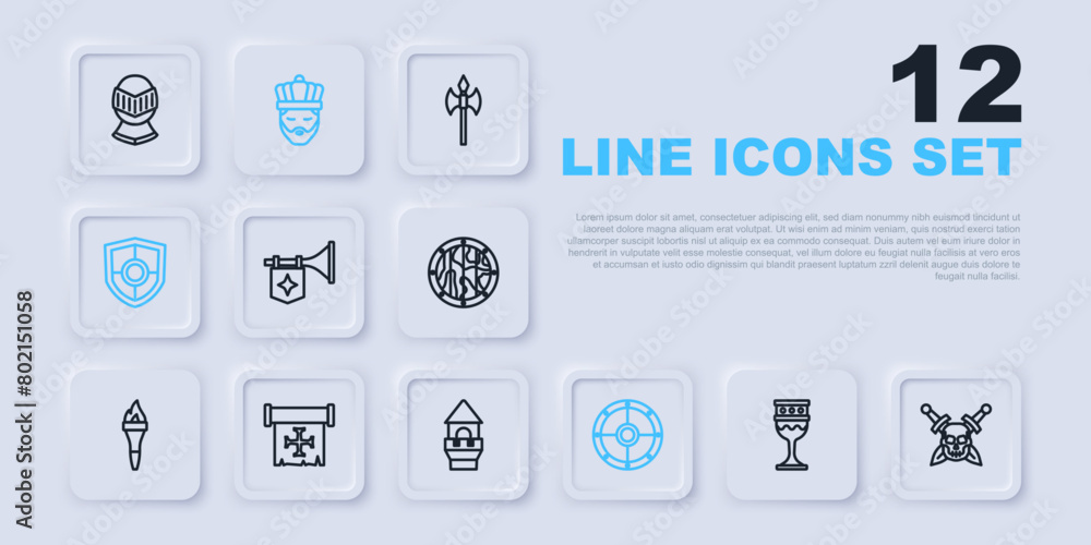 Set line Medieval goblet, Skull with sword, Trumpet flag, Round shield, Shield, Crusade, King crown and Castle tower icon. Vector Set line Medieval goblet, Skull with sword, Trumpet flag, Round shield, Shield, Crusade, King crown and Castle tower icon. Vector