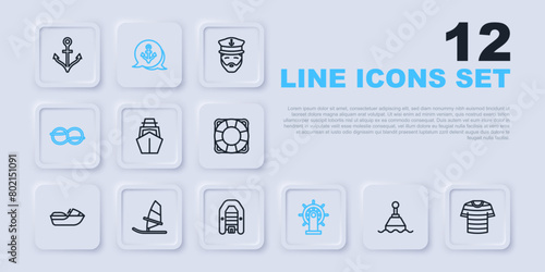 Set line Floating buoy, Striped sailor t-shirt, Yacht sailboat, Ship steering wheel, Nautical rope knots, Windsurfing, Anchor and Inflatable with motor icon. Vector