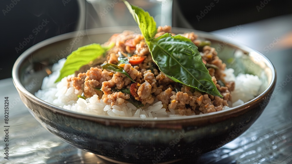 A bowl of steaming hot rice topped with savory minced pork and fragrant basil leaves, a classic Thai comfort food.