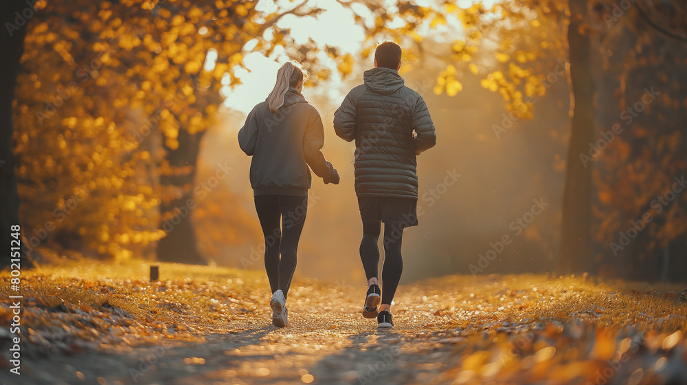 Happy couple of athlete walking in park