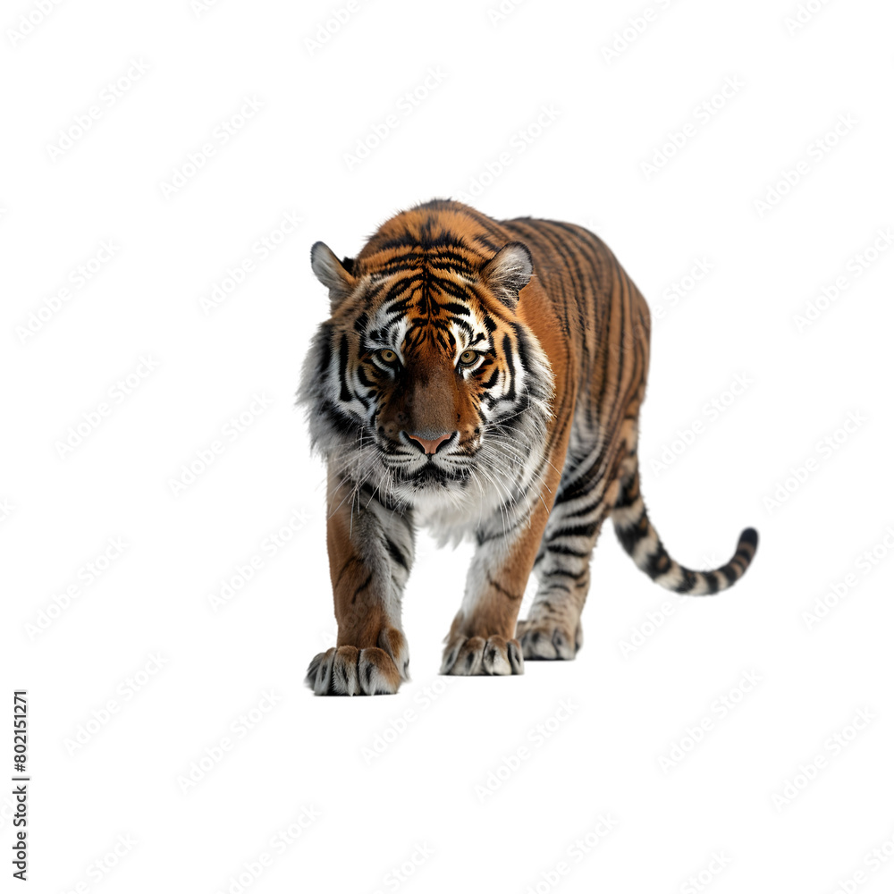 Obraz premium Angry Tiger Walking Front View isolated on a transparent background