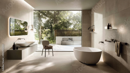 A bathroom with a large white bathtub and a chair next to it. The bathroom is decorated in a modern style with a lot of white and grey colors