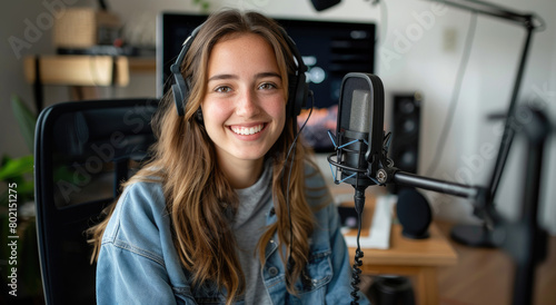 A beautiful young woman with headphones on, smiling and sitting in front of the mic for podcasting at home