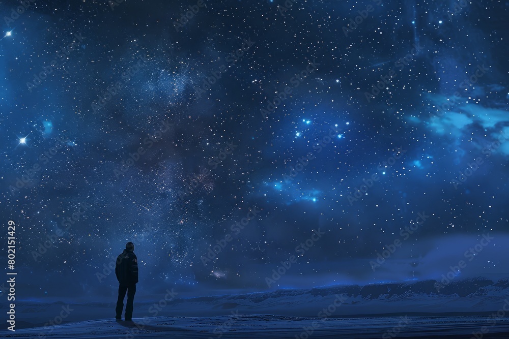 A man stands in the snow, looking up at the stars in contemplation