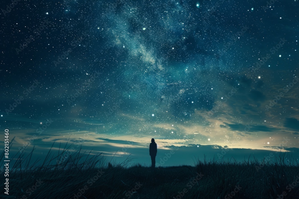 One person standing on a hill, looking up at the starry night sky