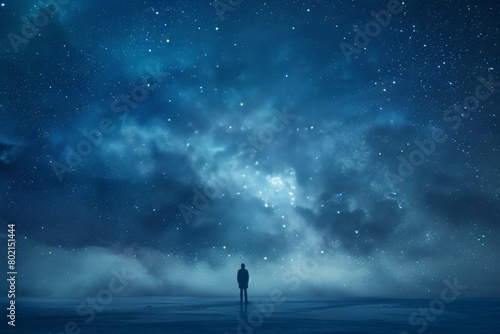 A person stands in a field under a star-filled night sky  looking upwards in awe and contemplation