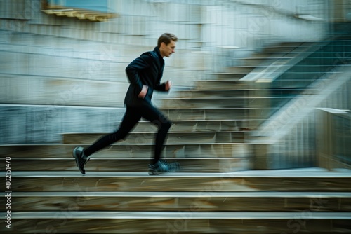 A businessman in a suit running down steps with motion blur  showcasing dynamic movement