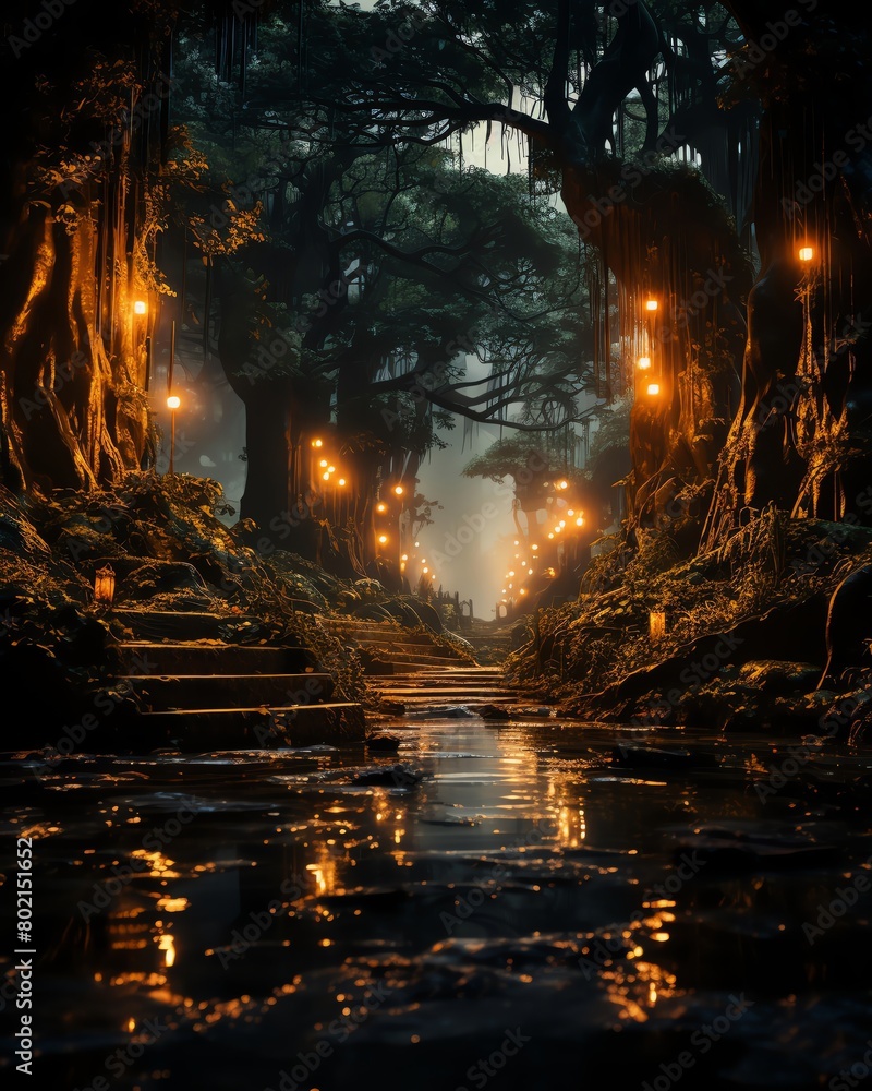 Enchanting stock image of a forest with trees that light up and paths that move, creating a sense of freedom and wonder in a fantasy setting