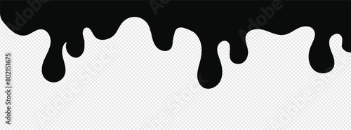 Black Melt Drips, Liquid Paint Drops seamless element vector. Isolated melted dripping liquid on background. Flowing, spilled, drop, splash, leak concept. transparent background. Vector illustration. 