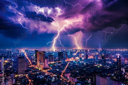 Lightning strikes down amidst cityscape  silhouettes of buildings against dark sky  with glowing ATDmd