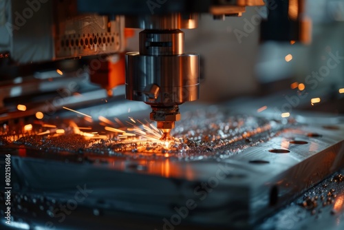 Close-up of a metalworking CNC machine cutting a piece of metal with precision