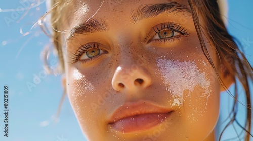 Applying sunscreen on face, protection layer, close up, defense against sun, bright daylight 