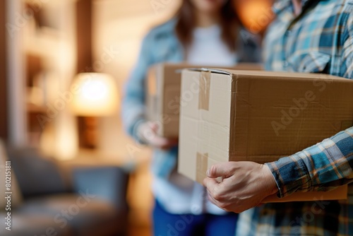 Man holding heavy cardboard boxes relocation, moving house or courier delivery. Young couple is having fun with cardboard boxes in new home at moving day. Mortgage Loan, Investment Concept. Relocation