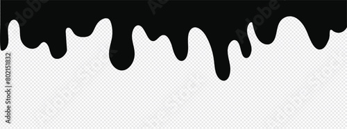 Black Melt Drips  Liquid Paint Drops seamless element vector. Isolated melted dripping liquid on background. Flowing  spilled  drop  splash  leak concept. transparent background. Vector illustration. 
