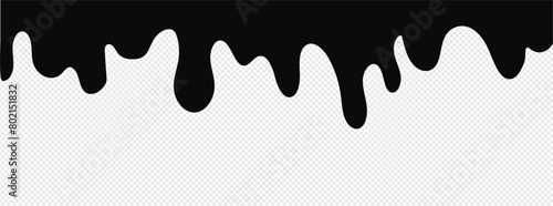 Black Melt Drips, Liquid Paint Drops seamless element vector. Isolated melted dripping liquid on background. Flowing, spilled, drop, splash, leak concept. transparent background. Vector illustration. 