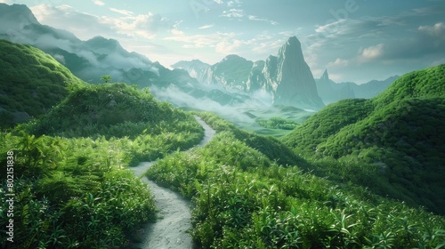 A serene image of a winding path through a lush, verdant landscape, inviting the viewer to slow down and savor the journey on World Sauntering Day. photo