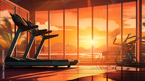 Gym with treadmills and view of the beach,silhouette of a swing on the beach © Muhammad