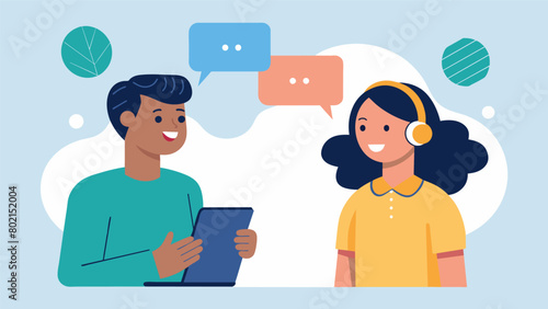 Illustrations of two people having a conversation one with a smooth and fluid exchange of ideas and the other experiencing difficulties with language. Vector illustration