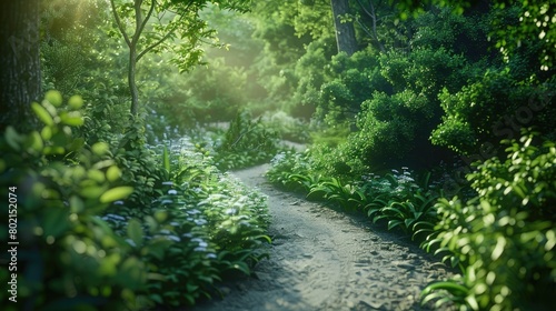 A serene image of a winding path through a lush, verdant landscape, inviting the viewer to slow down and savor the journey on World Sauntering Day. photo