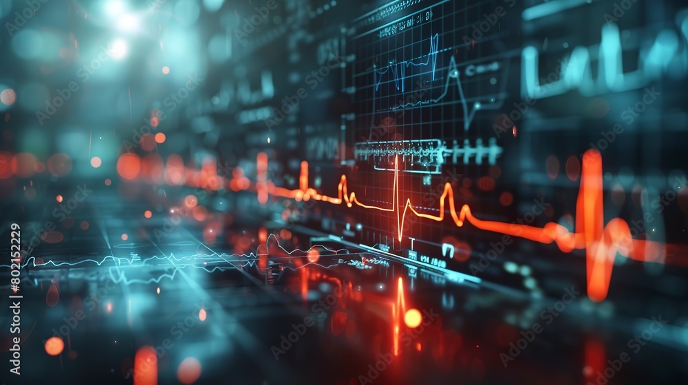 EKG monitor displaying heartbeat, rhythm of life, close up, pulse in progress, dim glow 