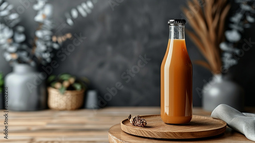 photorealistic product photography of natural caramel milkshake in a glass bottle 