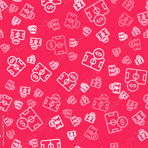 White line Soccer football betting money icon isolated seamless pattern on red background. Football bet bookmaker. Soccer betting online make money. Vector