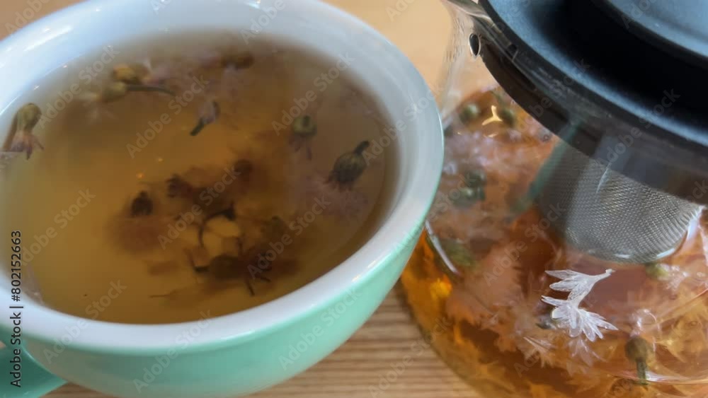 Stirring yellow flowers tea in glass cup with spoon, calendula. Flower tea Stirring yellow flowers tea in glass cup with spoon, calendula. Flower tea