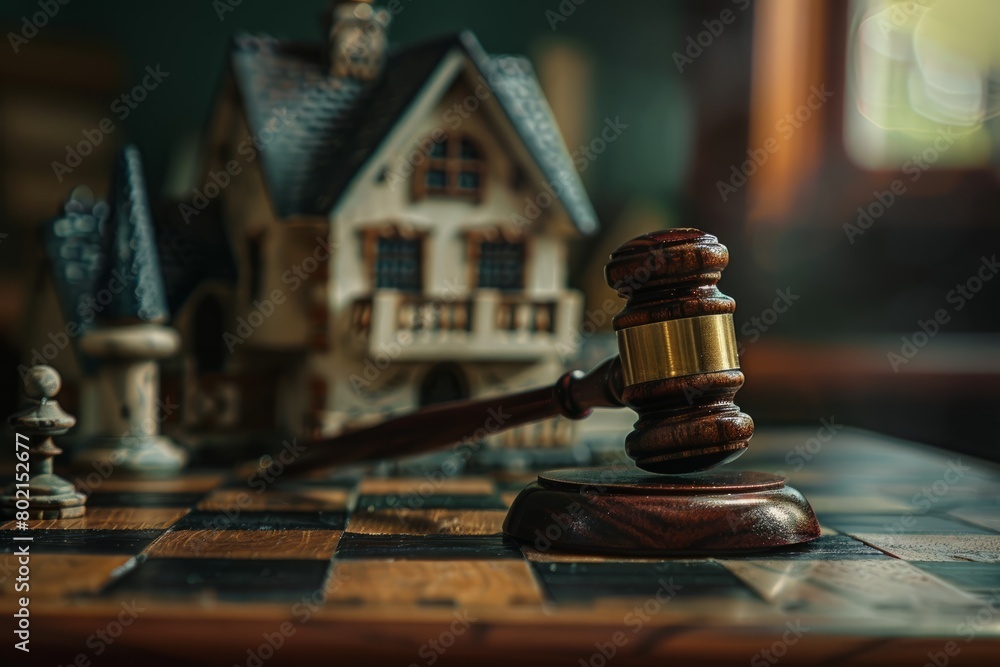 A close-up view of a wooden gavel placed on top of a chess board, emphasizing intricate design details and a miniature house figurine nearby