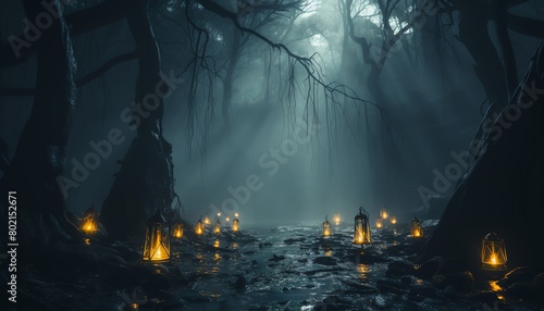 Enigmatic stock image depicting a shadowy figure holding a lantern in a foggy forest, evoking a sense of mystery and exploration photo