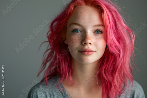 A closeup portrait of a young woman with vibrant pink hair and striking blue eyes, looking directly at the camera with confidence