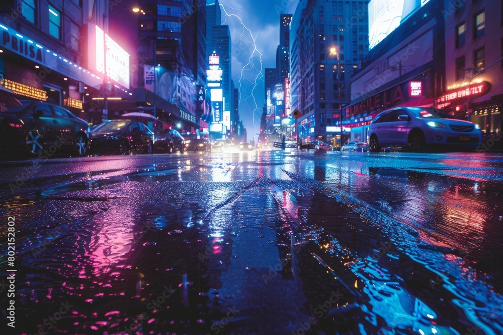 A city street bustling with traffic at night, illuminated by neon lights and reflections on rain-soaked pavements during a lightning storm