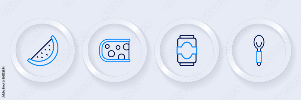 Set line Spoon, Soda can, Cheese and Watermelon icon. Vector Set line Spoon, Soda can, Cheese and Watermelon icon. Vector