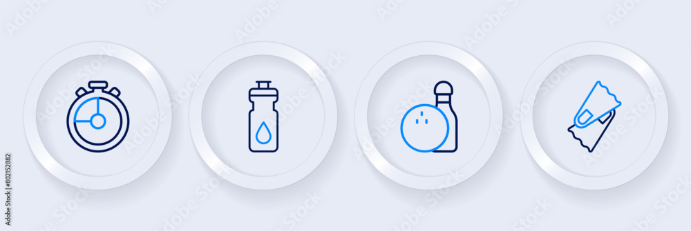Set line Flippers for swimming, Bowling pin and ball, Fitness shaker and Stopwatch icon. Vector Set line Flippers for swimming, Bowling pin and ball, Fitness shaker and Stopwatch icon. Vector