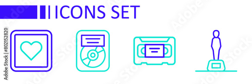 Set line Movie trophy, VHS video cassette tape, CD disk award in frame and Like heart icon. Vector