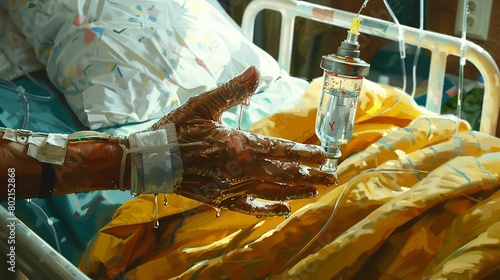 Patient receiving IV antibiotics, battle within, close up, drip of hope, clinical ambiance