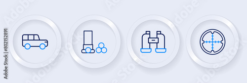 Set line Sniper optical sight, Binoculars, Cartridges and Safari car icon. Vector