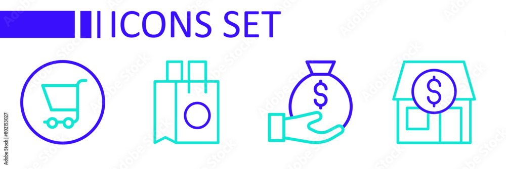 Set line Market store, Money bag, Paper shopping and Shopping cart icon. Vector Set line Market store, Money bag, Paper shopping and Shopping cart icon. Vector