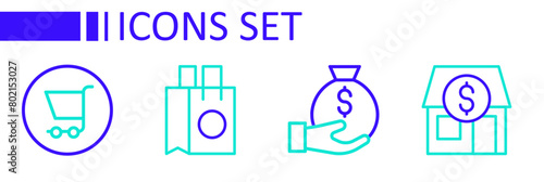 Set line Market store  Money bag  Paper shopping and Shopping cart icon. Vector