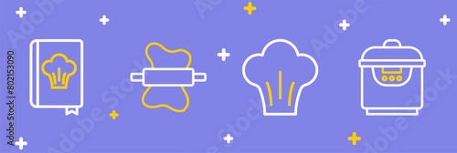 Set line Slow cooker, Chef hat, Rolling pin on dough and Cookbook icon. Vector