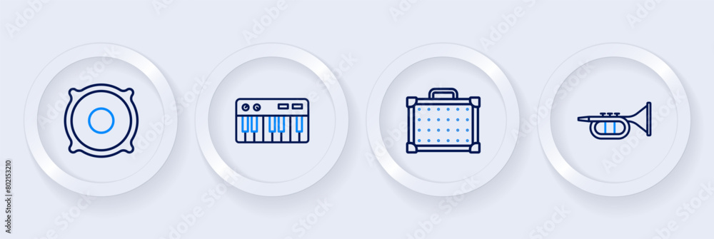 Set line Trumpet, Guitar amplifier, Music synthesizer and Stereo speaker icon. Vector Set line Trumpet, Guitar amplifier, Music synthesizer and Stereo speaker icon. Vector