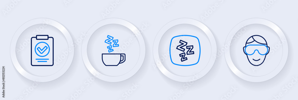 Set line Eye sleep mask, Sleepy, Chamomile tea and Medical prescription icon. Vector Set line Eye sleep mask, Sleepy, Chamomile tea and Medical prescription icon. Vector