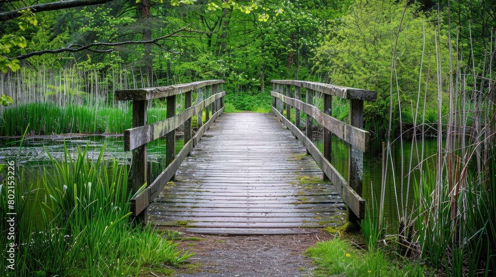 Wooden bridge spanning a peaceful marshland, providing a scenic route for birdwatchers and nature enthusiasts. Wooden bridge spanning a peaceful marshland, providing a scenic route for birdwatchers and nature enthusiasts.